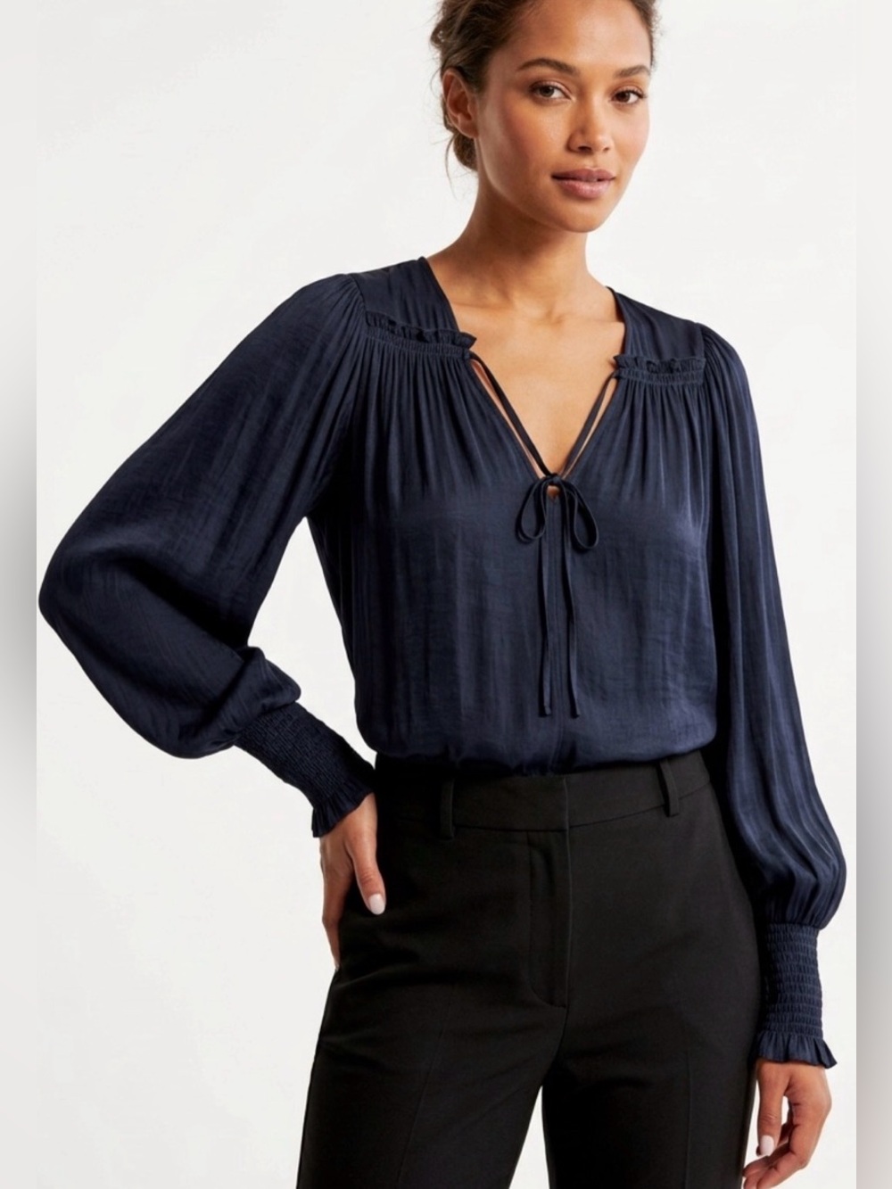 REBECCA TAYLOR SATEEN TIE NECK LONG SLEEVE NAVY BLUE TOP SIZE XS